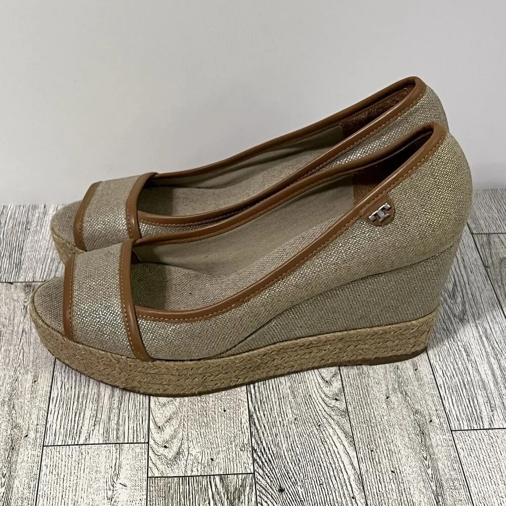 Tory Burch Beige and Brown Espadrille Wedge Peep-Toe
